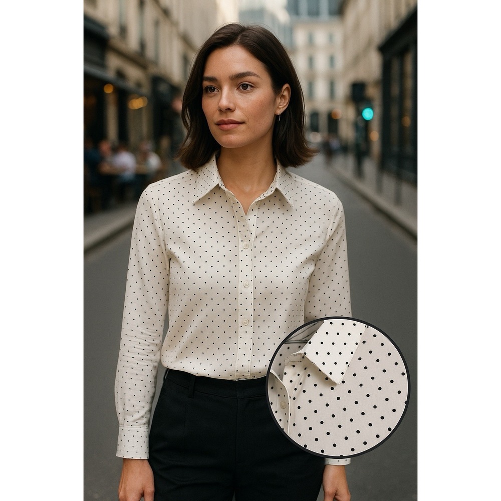 Como Stretch Women's Button-Down Shirt Large White with Black Polka Dots